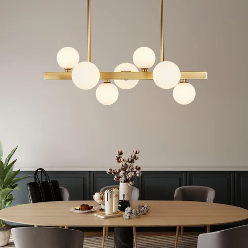 Miniatura 17 de BOKT Lámpara colgante recta de latón dorado con 6 luces, lámpara colgante de Sputnik lineal moderna de mediados de siglo, globo grande, isla