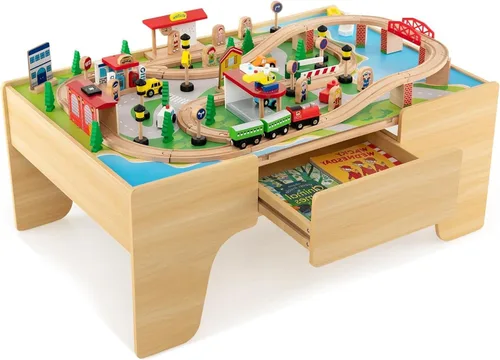 Miniatura 14 de Costzon Mesa de tren, 80 piezas, mesa de actividades de madera para niños con mesa reversible y desmontable, pistas de madera maciza, tren