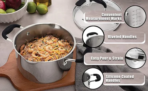 Miniatura 7 de Rorence - Olla sopera de acero inoxidable con boquilla de vertido y mangos de silicona y tapa de vidrio con colador - 3.7 cuartos