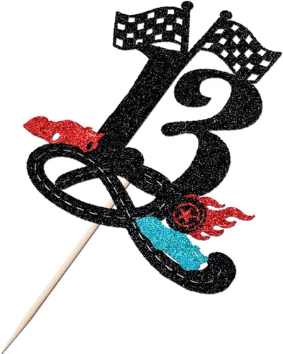 Miniatura 7 de Decoración para tartas de cumpleaños número 13, decoración para tartas de trece años con purpurina rápida, bandera a cuadros, pista de carreras
