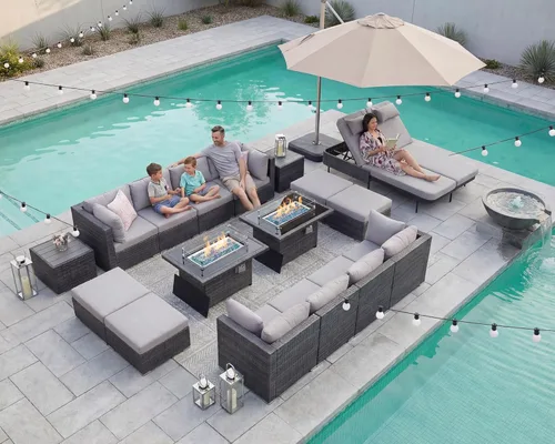 Miniatura 14 de NICESOUL Juego de muebles de patio para exteriores de 7 piezas con mesa para hoguera, gas natural y propano convertible, respaldo alto de 29.3