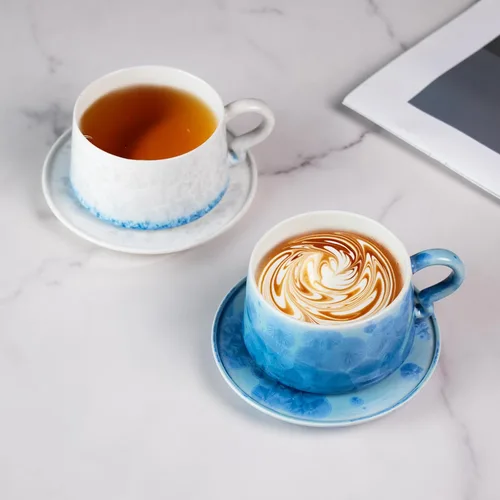 Miniatura 3 de Juego de 2 tazas de té y platillos KAMMAK, tazas de café de porcelana, 7.5oz tazas de expreso con esmalte cristalino, tazas de cerámica demitaza