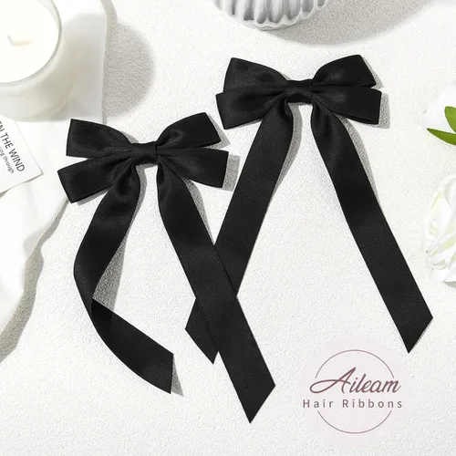 Miniatura 2 de Lazos de satén sedoso y pinzas de cocodrilo, soportes para cola de caballo de cinta negra, accesorios para el cabello para mujeres, niñas, niños