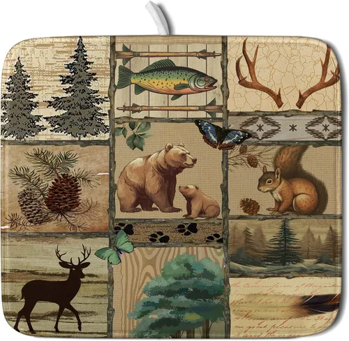 Miniatura 57 de Tapete de secado de platos de cabaña rústica, tapete escurridor de vida silvestre de oso del bosque, alce, 18 x 24 pulgadas, almohadilla escurridor
