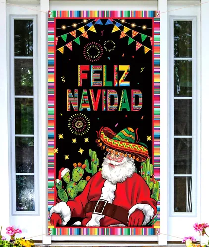 Nepnuser Feliz Navidad Decoración Mexicana Cubierta de Puerta de Navidad Banner de Colgar en la Puerta para Fiesta de Navidad y Día Festivo de