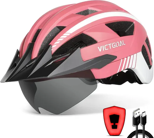 Miniatura 12 de VICTGOAL Casco de bicicleta con luz trasera recargable por USB, gafas magnéticas desmontables, visera solar extraíble, cascos de bicicleta