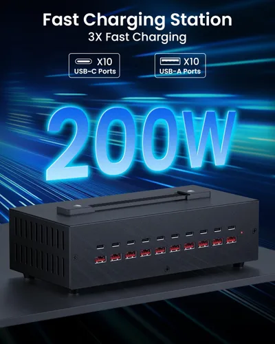 Miniatura 3 de Estación de carga USB-C de 200W, bloque de cargador USB de 20 puertos (10 USB A y 10 USB-C), estación de carga rápida para múltiples dispositivos