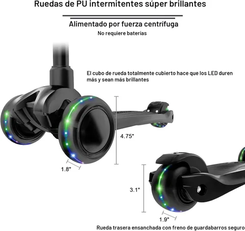 Miniatura 4 de Allek - Kick Scooter B03. Monopatín de 3 ruedas con ruedas de PU extra anchas y luminosas, sistema Lean 'N Glide, manillar ajustable a cualquier