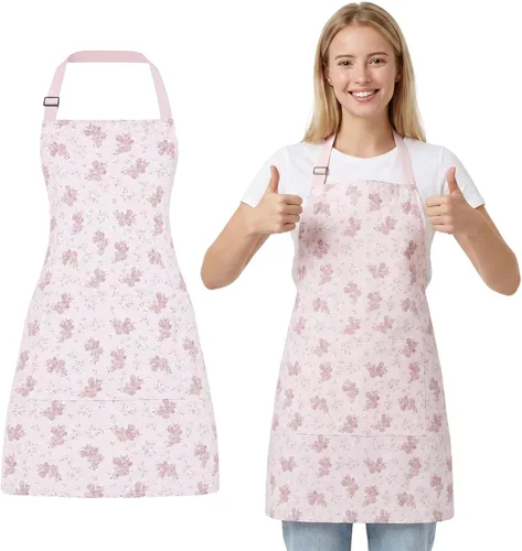 Kitchen Apron, Double Sided Floral Adjustable Waterproof Apron with 2 Pockets for Baking, Salon, BBQ for Mom Wife