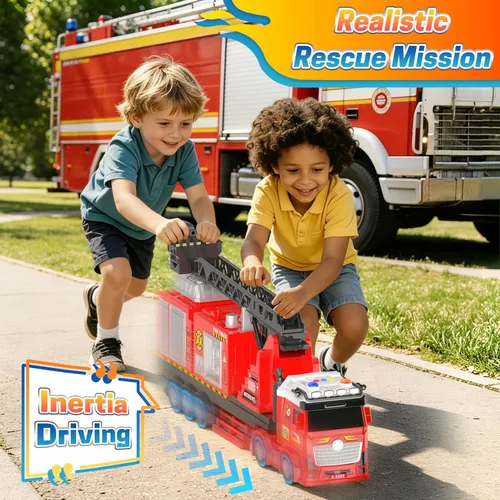Miniatura 6 de Camión de bomberos extra grande para niños, escalera extensible de 27 pulgadas, rotación de 180°, camiones de bomberos ligeros y con sonido