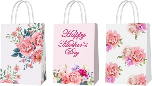 Partico Bolsas de regalo para el día de la madre, bolsa de regalo de clavel rosa con asa para la mejor decoración de fiesta temática de mamá (24