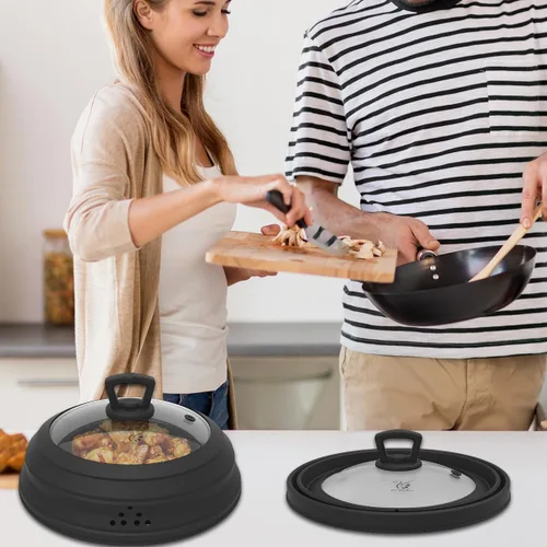 Miniatura 9 de Tapa protectora de salpicaduras de vidrio ventilado para microondas, con silicona plegable para alimentos como placa de cubierta de olla de 10.8