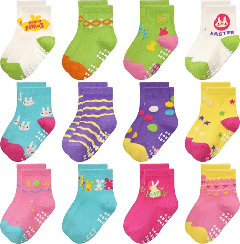 Miniatura 7 de Calcetines antideslizantes para niños pequeños con agarre, 12 pares de calcetines antideslizantes de dibujos animados para niños y niñas