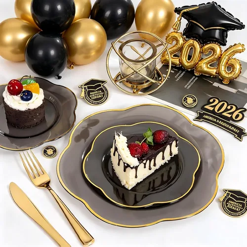 Miniatura 4 de Liacere 50 platos de plástico negro, resistentes, incluye 25 platos llanos negros, 25 platos de postre rojos para graduación