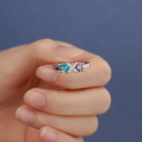 Miniatura 3 de Anillo personalizado para madres infinitas con 2 piedras natales de imitación de corazón, anillos de compromiso para mujer