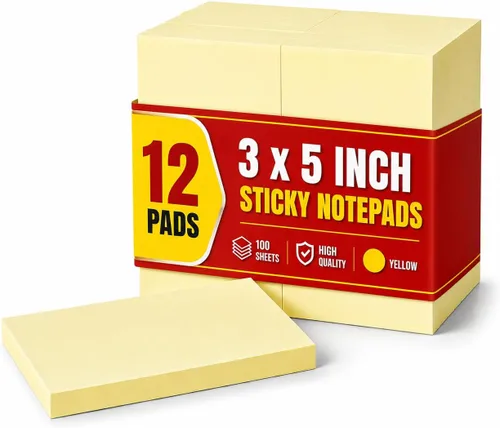 1InTheOffice Notas adhesivas grandes de 3 x 5, notas adhesivas transparentes, amarillas, 100 hojas, 12 unidades