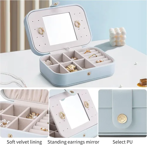 Miniatura 2 de Vlando Organizador de joyas de viaje pequeño para aretes collar anillo organizador de joyas portátil de viaje de doble capa para mujeres y niñas