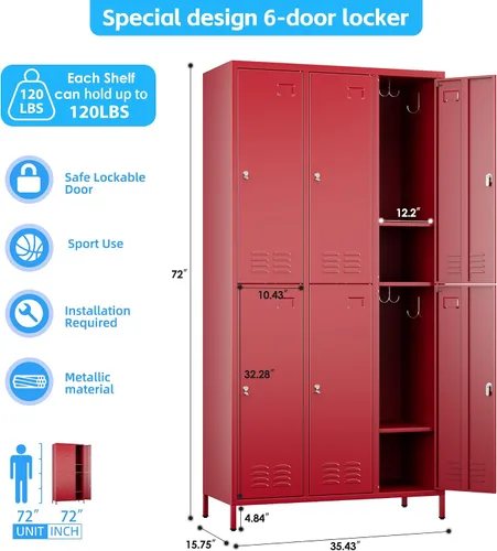 Miniatura 3 de SUPEER Casillero de Metal de 6 Puertas para Empleados con Soporte para Tarjetas de Visita y 18 Ganchos, Casillero de Metal para Empleados con Rojo