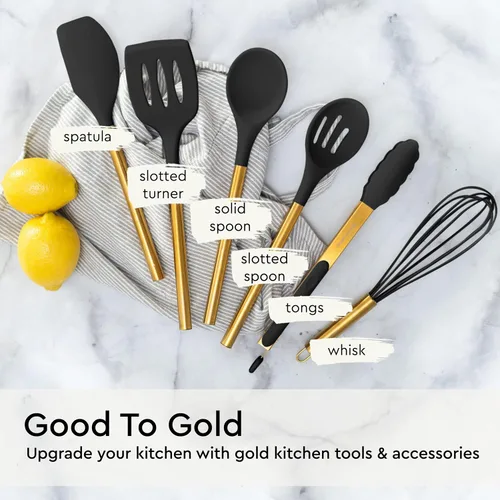 Miniatura 7 de Juego de utensilios de cocina negro y dorado - Juego de 6 piezas de utensilios de silicona incluye pinzas, batidor, cuchara para servir, espátula
