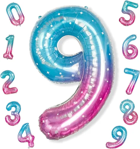 Miniatura 109 de Globos de número azul pastel de 40 pulgadas, globo gigante autoinflable de aluminio número 5 de cumpleaños para niños, globos azul bebé para hombres