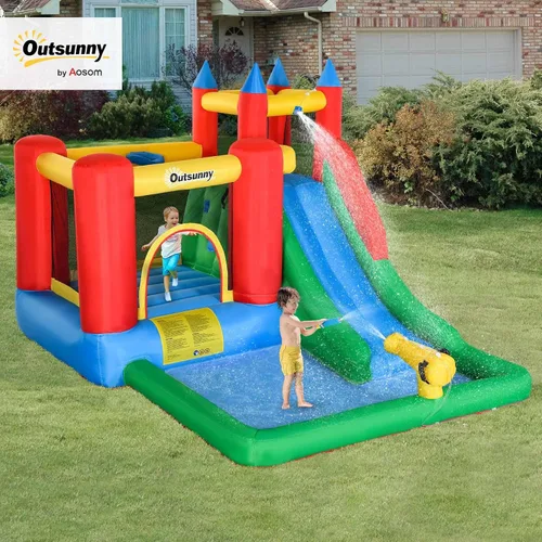 Miniatura 2 de Outsunny Tobogán acuático inflable 6 en 1 para niños con piscina, cañón de agua, pared de escalada, inflador incluido, castillo de salto para niños
