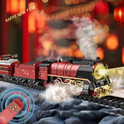 Miniatura 8 de Juego de tren vintage, tren a control remoto con luz, vapor y humo, modelo de locomotora eléctrica de árbol de Navidad con pista ovalada y carro
