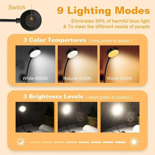 Miniatura 3 de KTEBO Luz de libro recargable para leer en la cama, lámpara de lectura de libros para cuidar los ojos con 10 modos LED, luz portátil ligera de 1.3