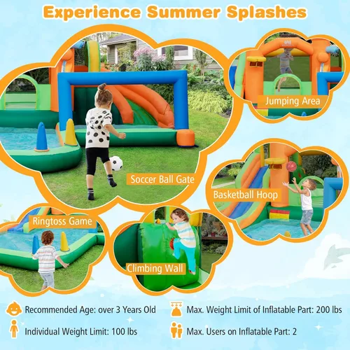 Miniatura 7 de BOUNTECH Tobogán acuático inflable, tobogán acuático 9 en 1 para niños, castillo de salto con fútbol acuático, piscina grande para salpicaduras