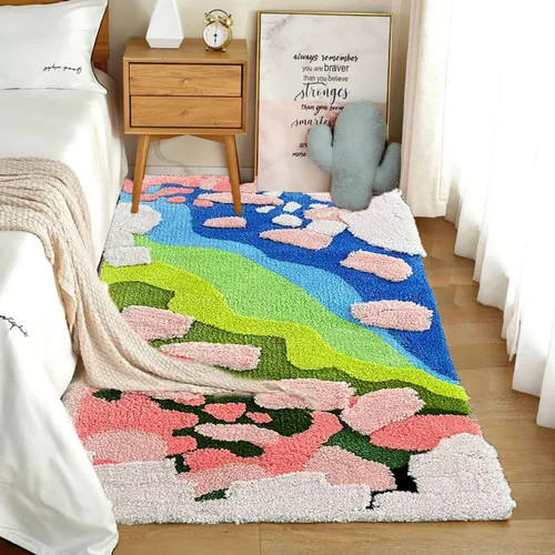 Miniatura 30 de Alfombra de musgo estéreo 3D irregulares con flores naturales, margaritas y musgo, para sala de estar, dormitorio, decoración estética del hogar
