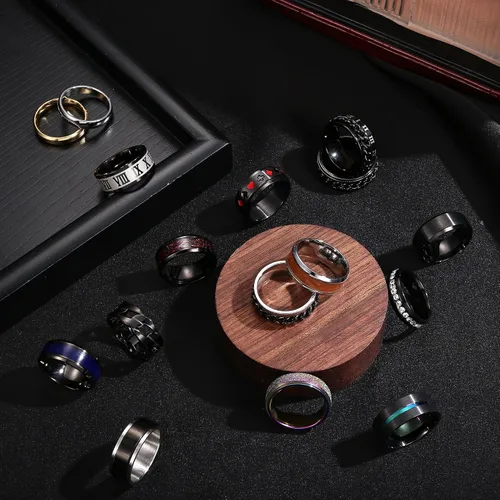Miniatura 7 de Besteel Juego de 16 anillos giratorios de acero inoxidable para hombres y mujeres, anillos para aliviar el estrés y la ansiedad, color negro