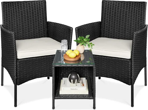 Miniatura 27 de Best Choice Products Juego de 3 piezas de mimbre para conversación al aire libre, muebles de patio que ahorran espacio para jardín con mesa