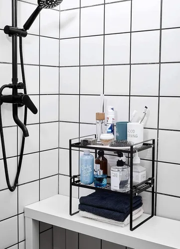 Miniatura 8 de Shantton Paquete de 2 estantes de gabinete de cocina, estante organizador de despensa, baño, dormitorio, oficina, mesa, escritorio, ahorro