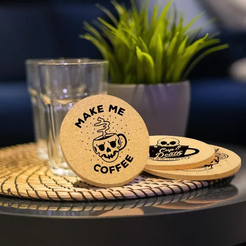 Miniatura 6 de Juego de 6 posavasos de café para bebidas con soporte, posavasos de madera de corcho absorbente para escritorio, mesa de oficina, decoración