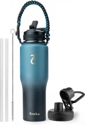 Miniatura 17 de Trebo Botella de agua de 40 onzas con aislamiento que cabe en portavasos de automóvil con asa, botellas de agua de acero inoxidable vaso con tapas