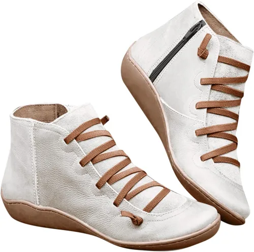Hbeylia Botines vintage de moda para mujer, de piel blanca, con cordones, puntera redonda, tacón bajo, antideslizantes, con cremallera lateral,