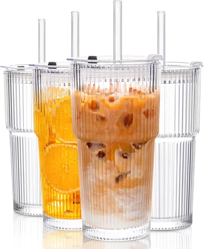 Miniatura 10 de KEMORELA Paquete de 2 vasos de vidrio acanalado de 20 onzas con tapas y pajitas de vidrio, tazas de café helado vintage, vasos reutilizables