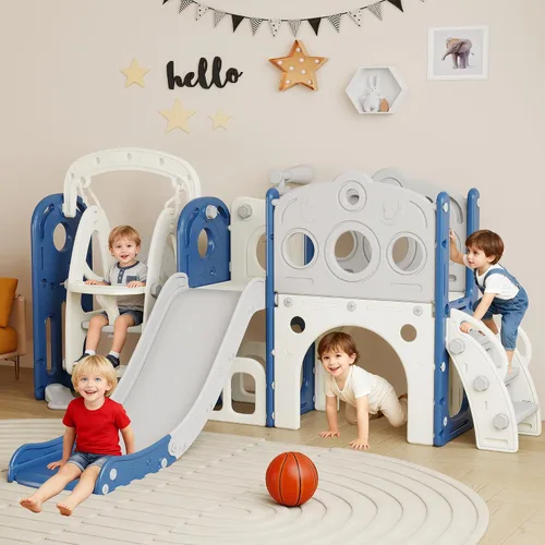 Set de juego de tobogán y columpio 9 en 1 para niños pequeños, tobogán para niños de 1 a 3 años, juego de juego para interiores y exteriores con aro