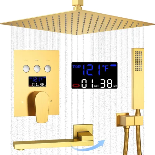 Accesorios de ducha de oro cepillado Tub AYIVG Juego de grifo de ducha combinado montado en el techo con cabezal de ducha de 12 pulgadas y boquilla
