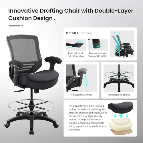 Miniatura 4 de BOLISS Silla de dibujo ergonómica de malla con respaldo medio de 400 libras, anillo de pie ajustable grande, reposabrazos ajustable en altura (negro)