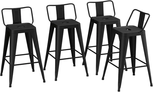 Miniatura 9 de Juego de 4 taburetes de bar de metal de 24 pulgadas, taburetes de altura de mostrador con respaldo extraíble, taburetes de bar negros para isla