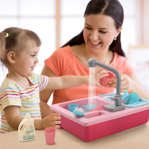Miniatura 2 de CUTE STONE - Juguetes de fregadero de cocina con cambio de color, lavavajillas eléctrico para niños con agua corriente, grifo real actualizado