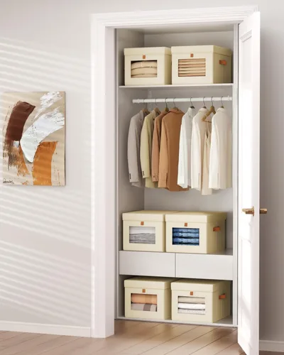 Miniatura 5 de Homsorout Contenedores de almacenamiento con tapa, organizador de armario con apertura lateral y ventana transparente, cesta plegable de tela Beige