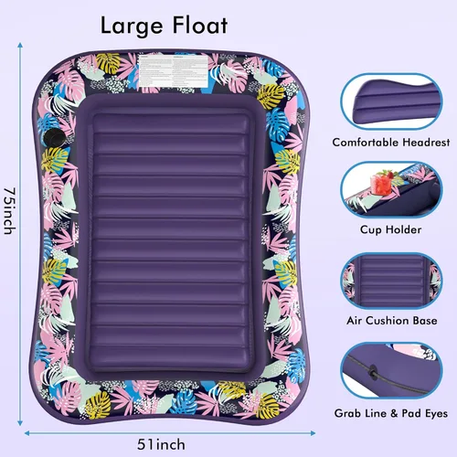 Miniatura 6 de OKSUWATER - Flotador para tumbona de piscina, de 75 x 51 pulgadas, para adultos, con reposacabezas y soporte para bebidas, cama inflable para tomar