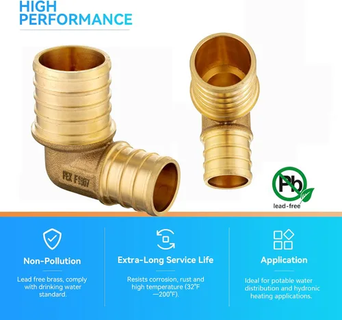 Miniatura 4 de Paquete de 10 codos reductores PEX, latón de 3/4 x 1/2 pulgadas, 90 grados, certificado ASTM F1807