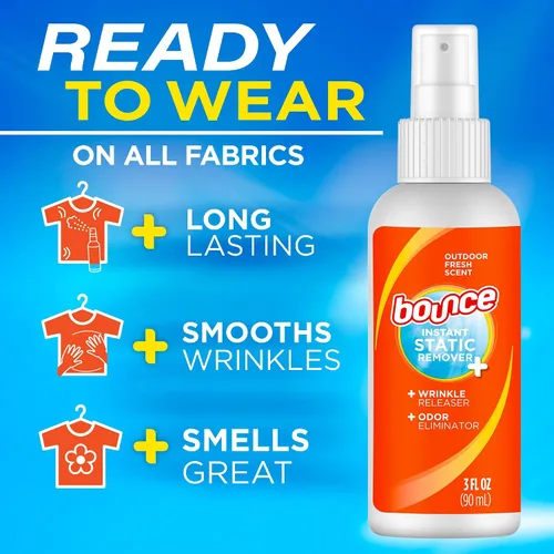 Miniatura 3 de Bounce Spray antiestático, 3 en 1 spray antiestático instantáneo y liberación instantánea de arrugas, eliminador de olores y refrescante de tela