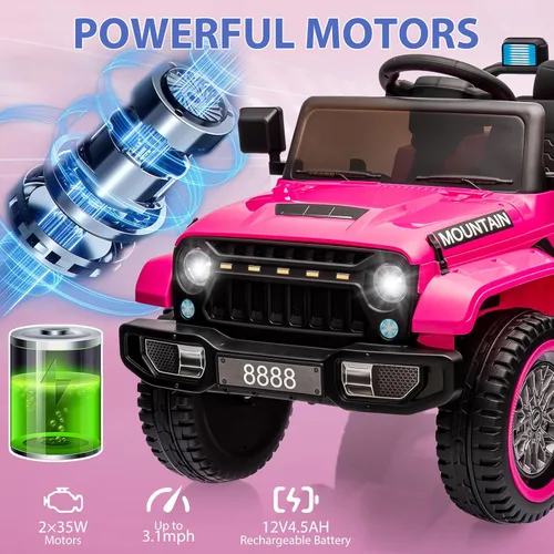 Miniatura 2 de Hetoy Camión de paseo para niños, auto eléctrico con batería de 12 V con control remoto para padres, suspensión de resorte, 3 velocidades, luces Rosa