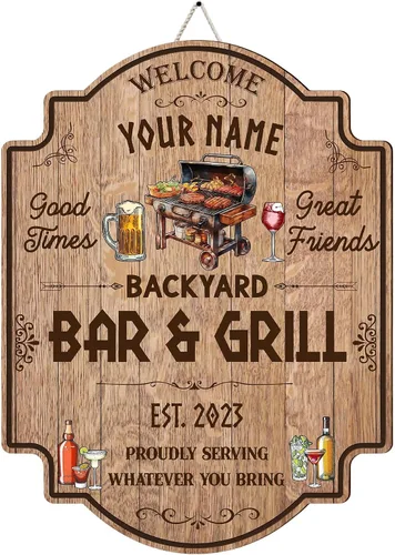Miniatura 20 de Artsy Woodsy Letrero personalizado para bar y parrilla en el patio trasero (no tallado o neón), decoración de placa artística de pared, accesorios