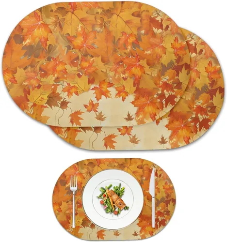 Miniatura 24 de Non Slip Placemats Set of 6 Pumpkin Mushroom Theme Waterproof Wipeable Faux Leather for Thanksgiving Family Feast Heat Resistant Dining Table Mats