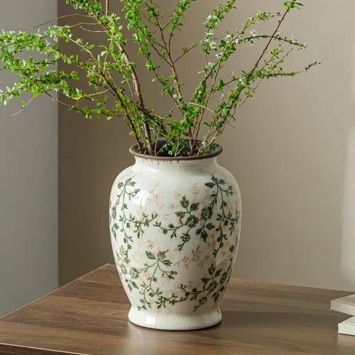 Miniatura 11 de Jarrón de cerámica verde y blanco con asa, florero rústico para decoración de hogar estilo “chinoiserie”, “grandmillenial” y toscano, jarrón