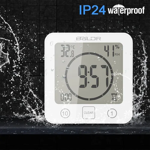 Miniatura 3 de Temporizador de ducha digital con pantalla táctil impermeable, pantalla de temperatura y humedad, reloj de baño con ventosas y agujero para colgar